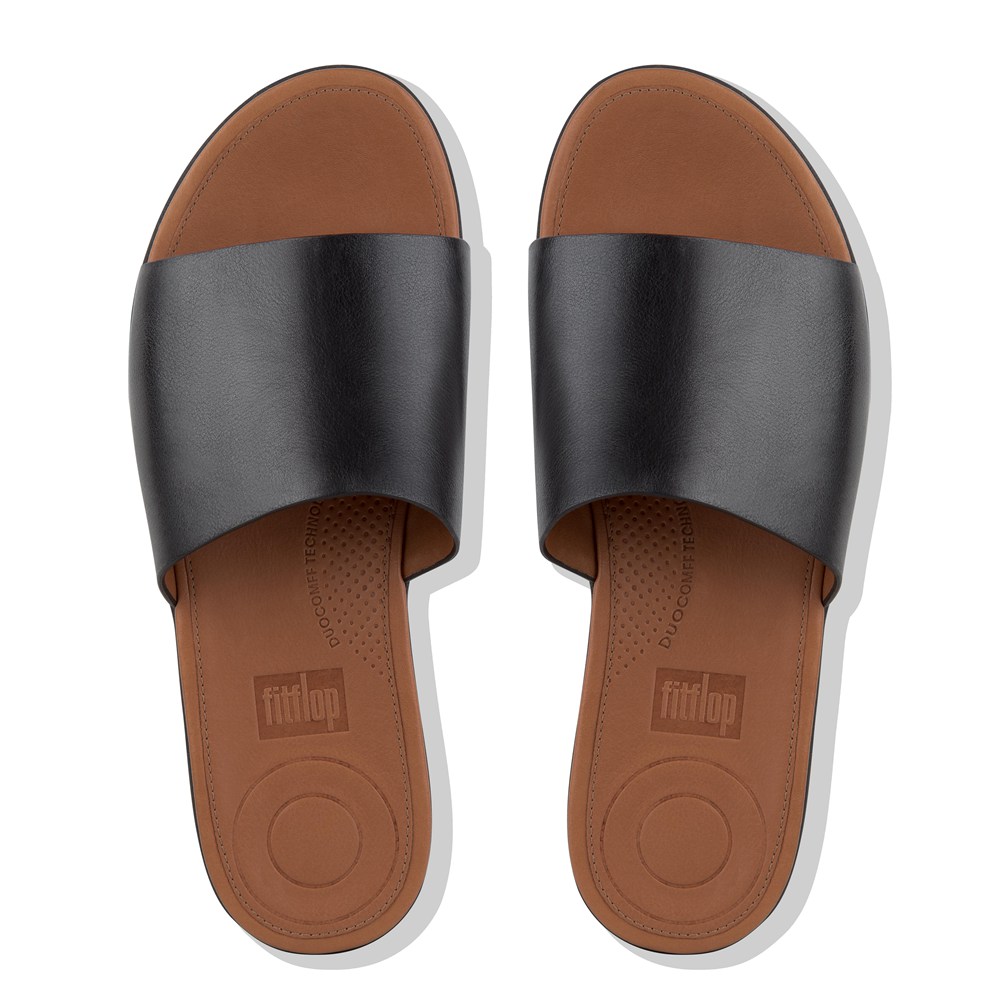 Fitflop Womens Slides - Sola Leather - Black - 593-HBAGJW